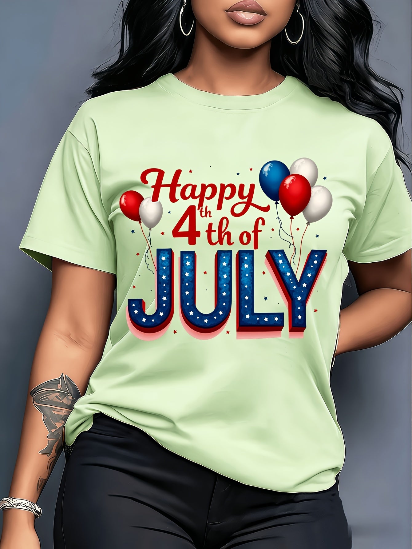 Plus Size - Plus Size - Plus Size - American Retro Style Happy 4Th of July Balloon Print Short-Sleeve T-Shirt, Fresh And Stylish, for Women, Spring And Summer, Casual And Versatile, Comfortable And Breathable, Machine Washable, Perfect for Home