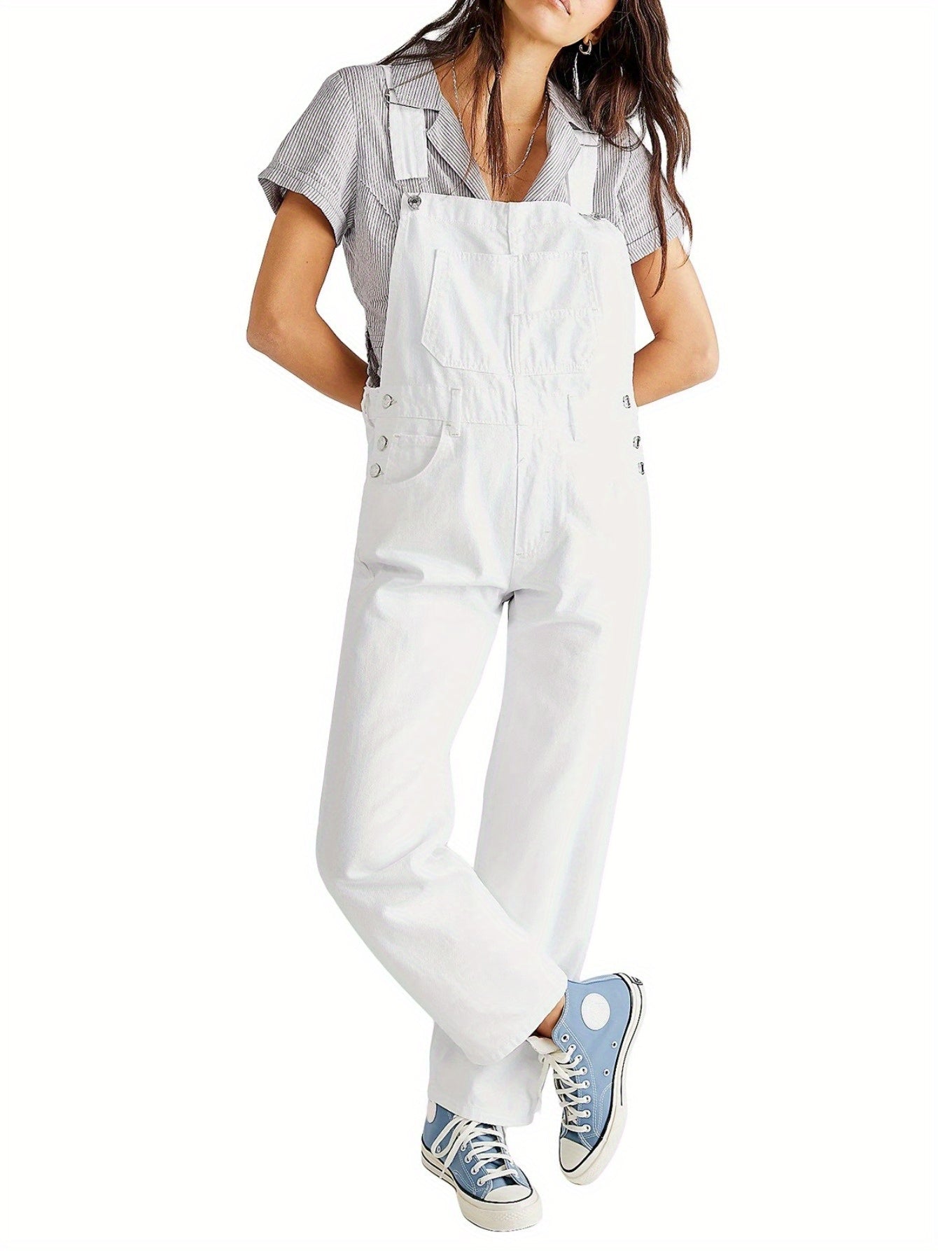 [Denim Bib Overalls] 1pc Women's Denim Bib Overalls Jumpsuit - Loose Fit, Straight Wide Leg Baggy Jean Style with Pockets, Machine Washable Casual Spring Summer Fall Outfit, Sizes S-XXL