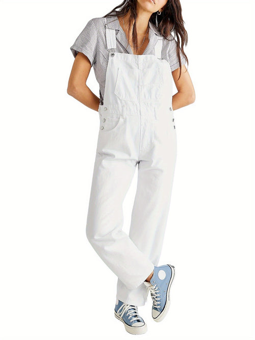 [Denim Bib Overalls] 1pc Women's Denim Bib Overalls Jumpsuit - Loose Fit, Straight Wide Leg Baggy Jean Style with Pockets, Machine Washable Casual Spring Summer Fall Outfit, Sizes S-XXL