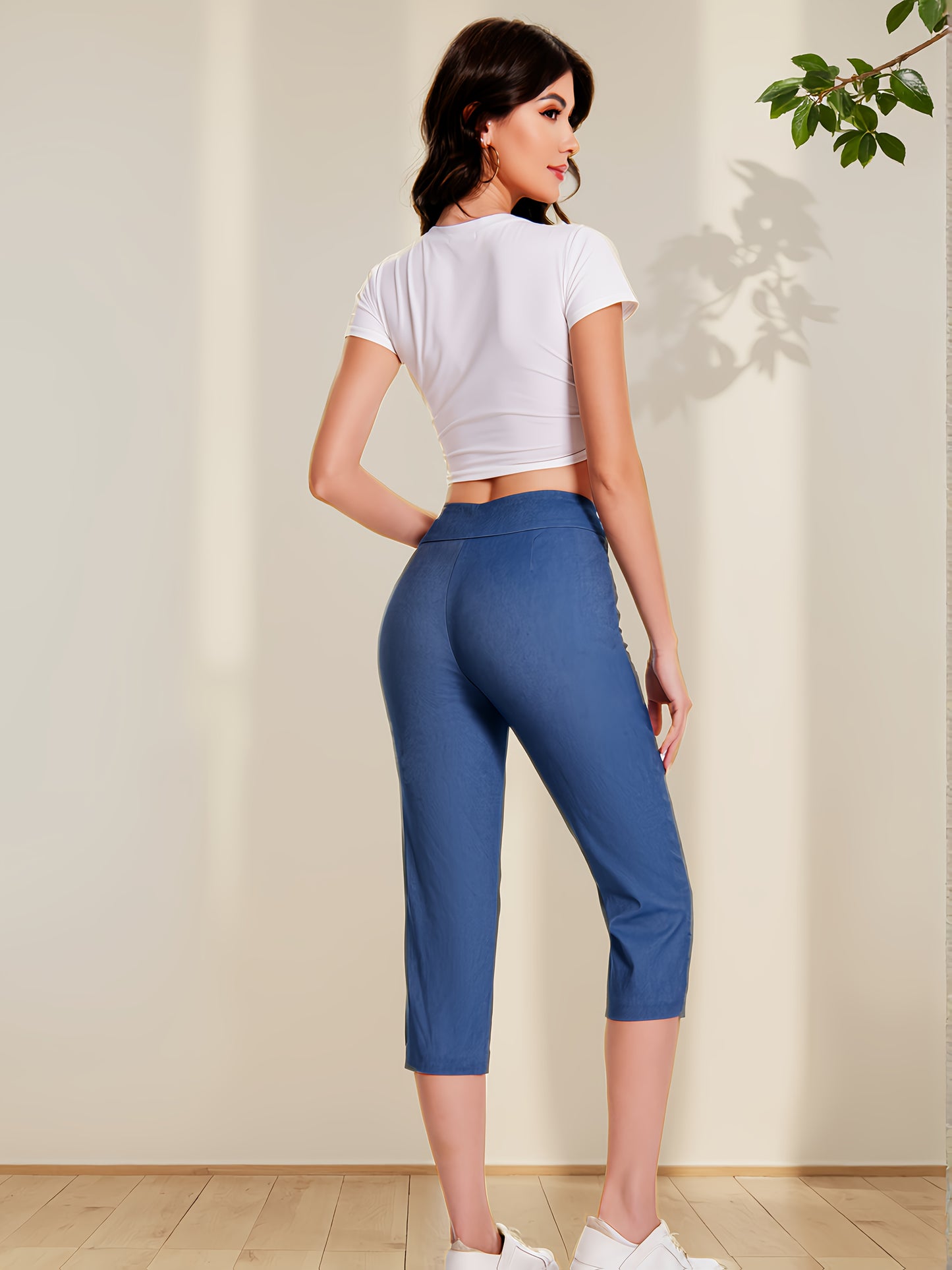 Women's Pull On Straight Leg Capri Pants Stretch Comfort Fit with Eyelet Detail And Two Pockets