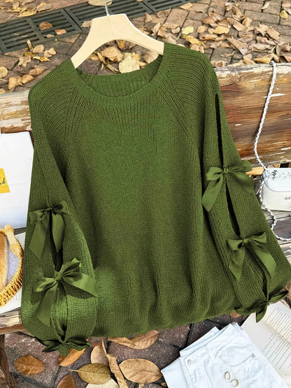 Plus Size, Plus-size  Sweet Style, Round Neck Balloon Sleeve Bow Sweater, Autumn and Winter Atmosphere Items