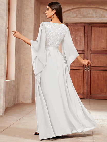 53303 Elegant Women's Lace & Sequin Bridesmaid Dress - A-Line Maxi Wedding Gown with 3/4 Bell Sleeves, V-Neck Color-Block (Bodice &), Machine Washable Bridesmaids Gown for Weddings, Parties, Prom