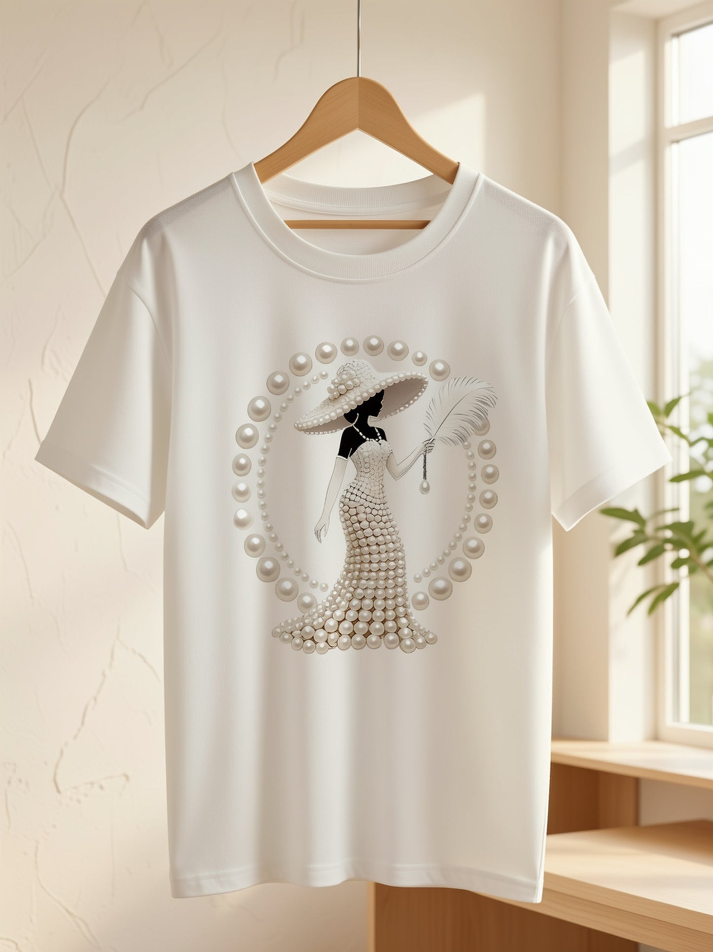 Elegant Light Luxury High-end Temperament Style Wear! Women's Printed T-Shirt-Pearl Diamond Jewelry Women's Design | Light Luxury Gorgeous Daily | Soft and Breathable Upper Body Fabric, Spring and Summer Casual Round Neck Short-sleeved Top