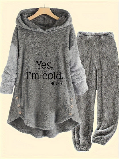 This Outfit Is a Cold Print Teddy Casual Pants Set with Button-Decorated Long-Sleeved Hoodie And Pants, Suitable for Autumn And Winter Season, Women'S Clothing