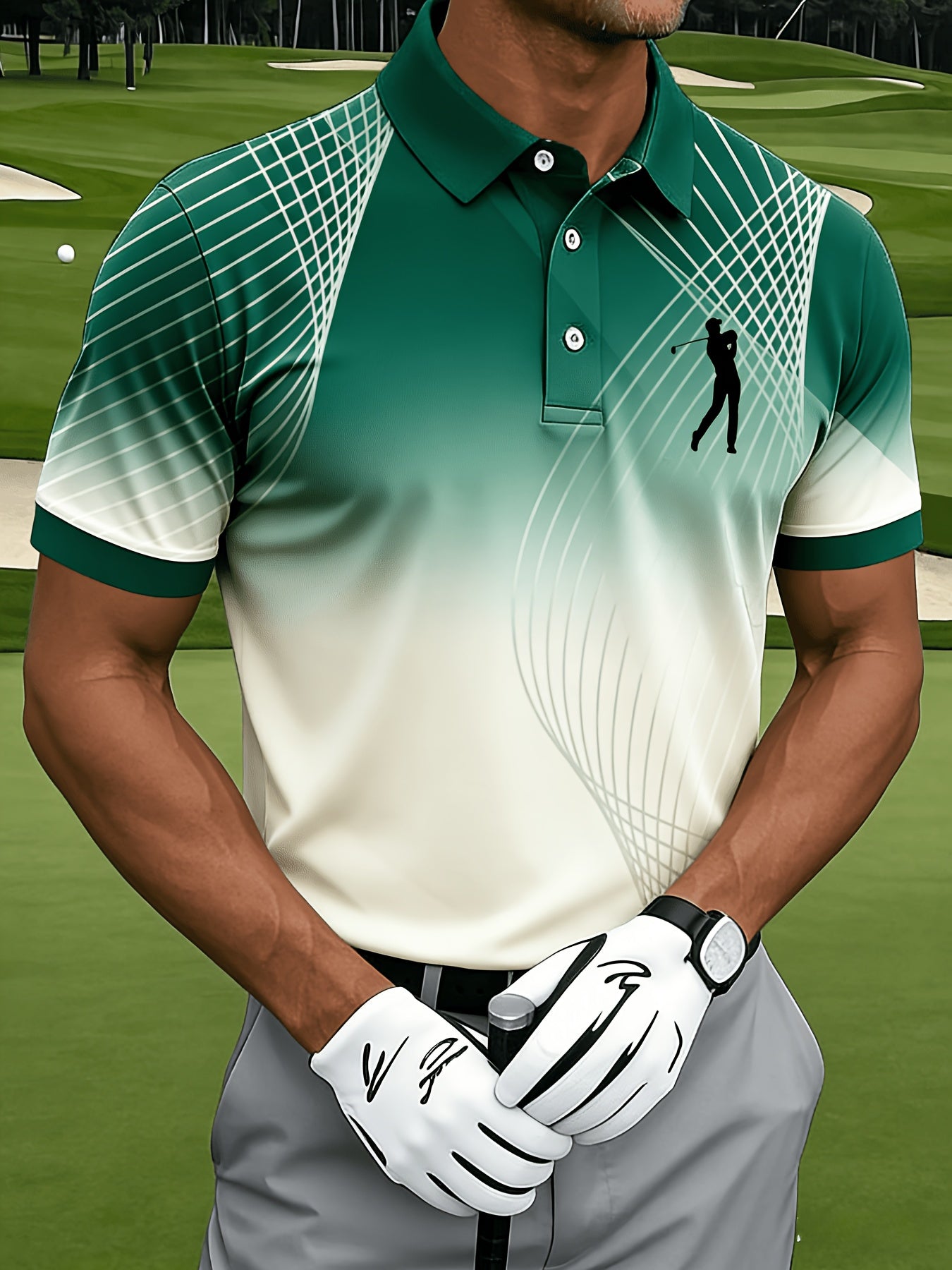 Men's Casual Sports Short Sleeve, Mesh Lines and Golf Pattern Print, Polyester Fabric Machine Washable, Breathable Regular Fit, Suitable for Daily Casual Sports Wear, PLUS SIZE