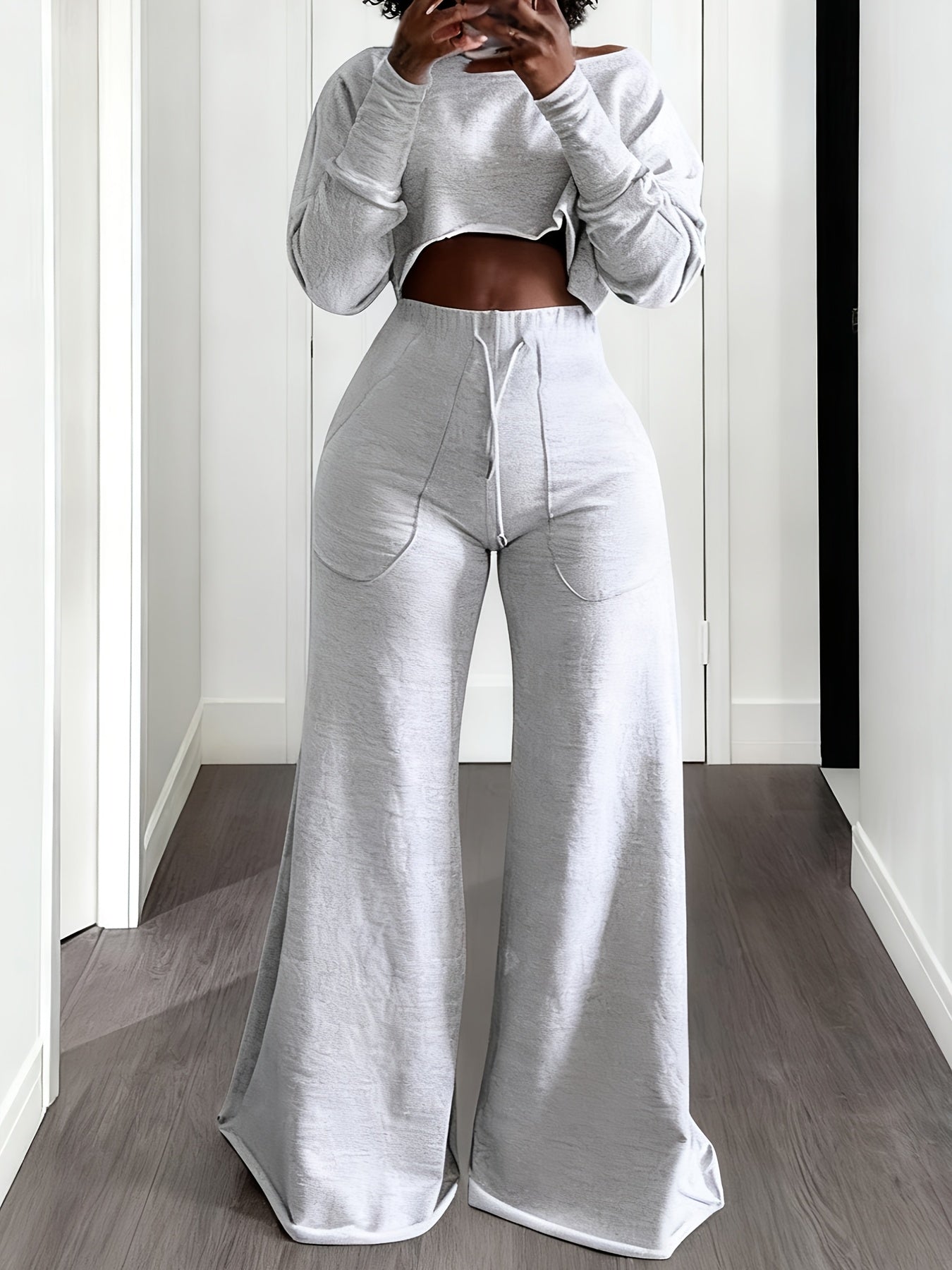 Fall And Winter 2pcs Women's Cropped T-Shirts & High-Waisted Sweatpants Set - Drawstring Waist Straight Leg Lounge Set, Winter Outfits, Women Two Piece Outfits for Ourdoor, S, Pant Suits for Women 2pcs, Women's Winter Outfits Set