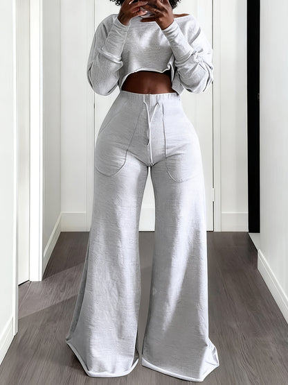 Fall And Winter 2pcs Women's Cropped T-Shirts & High-Waisted Sweatpants Set - Drawstring Waist Straight Leg Lounge Set, Winter Outfits, Women Two Piece Outfits for Ourdoor, S, Pant Suits for Women 2pcs, Women's Winter Outfits Set