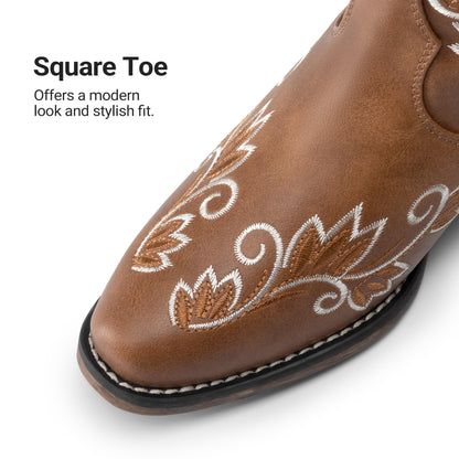 DREAM PAIRS Women's Cowboy Cowgirl Western Mid Calf Boots Square Toe Embroidered Stitched Pull On Country Boots with Low Chunky Heel