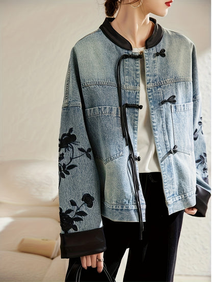 Chinese Style Jacket Women's Non-Stretch Denim Jacket - Vintage Chinese Knot Accent, Lightweight Spring/Fall Coat Non-Transparent Casual Outerwear, Transitional Weather Wear, Intricate Embroidery, Chinese New Year Clothes