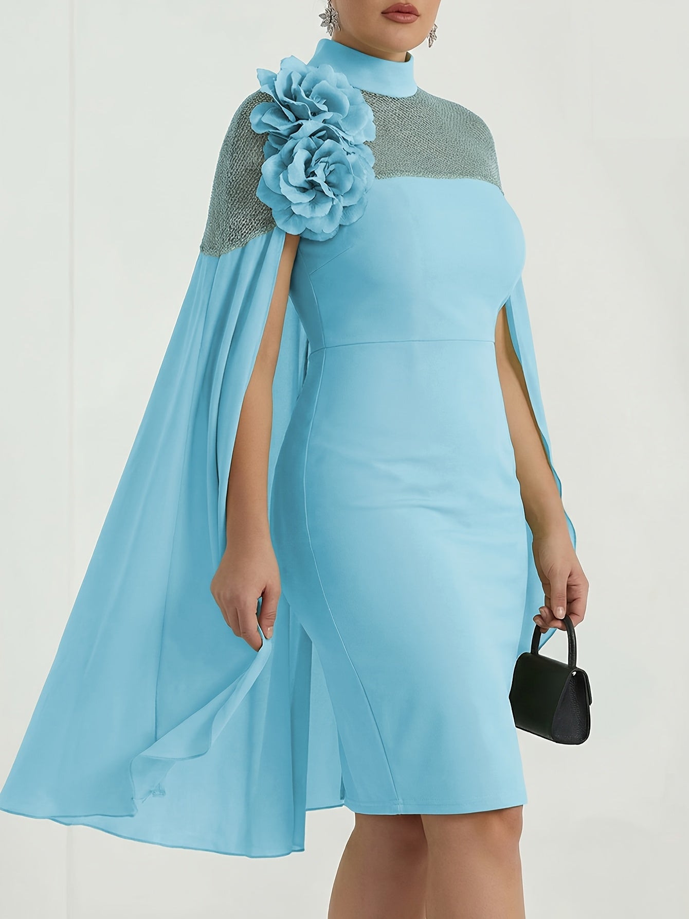 Plus Size - Plus Size Women'S Spring & Summer High-Neck Shawl-Style Flower Decor Waist-Cinched Dress | Elegant Temperament Design, Ideal for Formal Occasions like Dinner Parties & Wedding Attendants