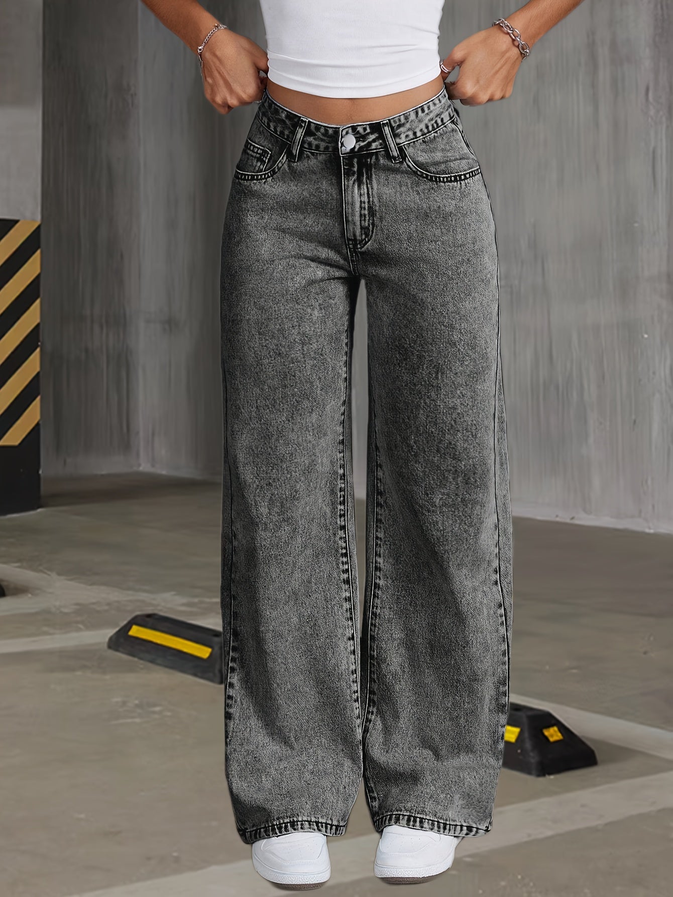 [Elegant Denim Jeans] Women's Gray Snowflake Denim Wide Leg Jeans - Elegant, Comfortable Stretch Casual Pants with High Waist, Button Fly, And Flake Details for Weekend Wear, Versatile Fashion | Elegant Denim | Comfortable Fit
