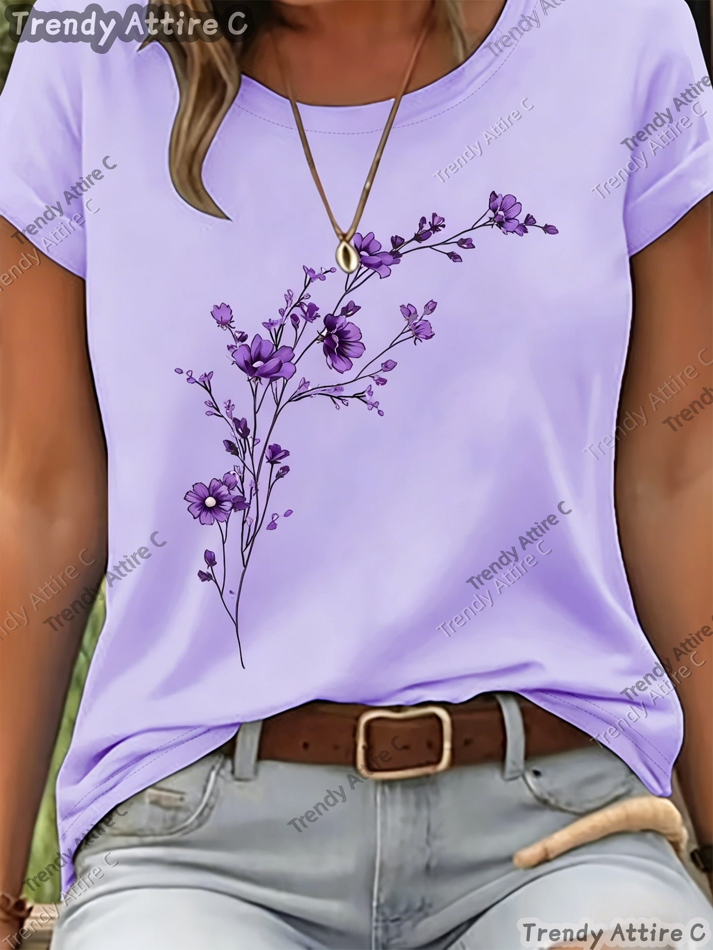 This Short-sleeved T-shirt Features A Purple Floral Print with A Horizontal Branch Pattern. It Has A Regular Fit And A Round Neck, Making It A Suitable Gift for Spring/summer. Perfect for Outdoor Casual Wear