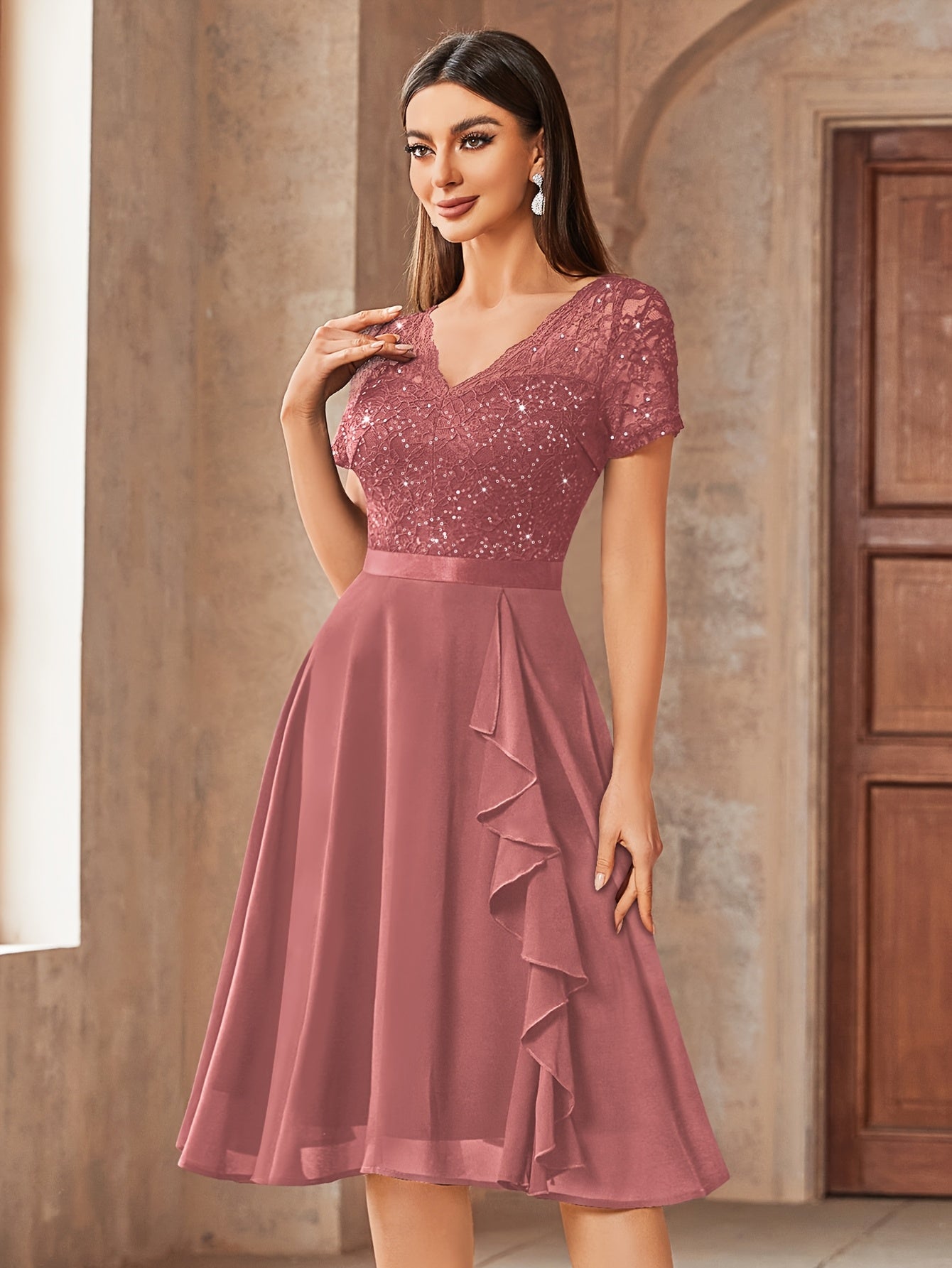 24224 Elegant Womens Sequin Lace Chiffon A Line Bridesmaid Dress, V Neck Short Sleeves, Ruched Ruffle Hem, Perfect for Graduation Season, Wedding Season, Summer Wedding Guest, Evening Party, Cruise Party And Birthday Celebration