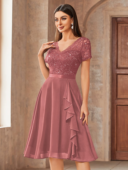 24224 Elegant Womens Sequin Lace Chiffon A Line Bridesmaid Dress, V Neck Short Sleeves, Ruched Ruffle Hem, Perfect for Graduation Season, Wedding Season, Summer Wedding Guest, Evening Party, Cruise Party And Birthday Celebration