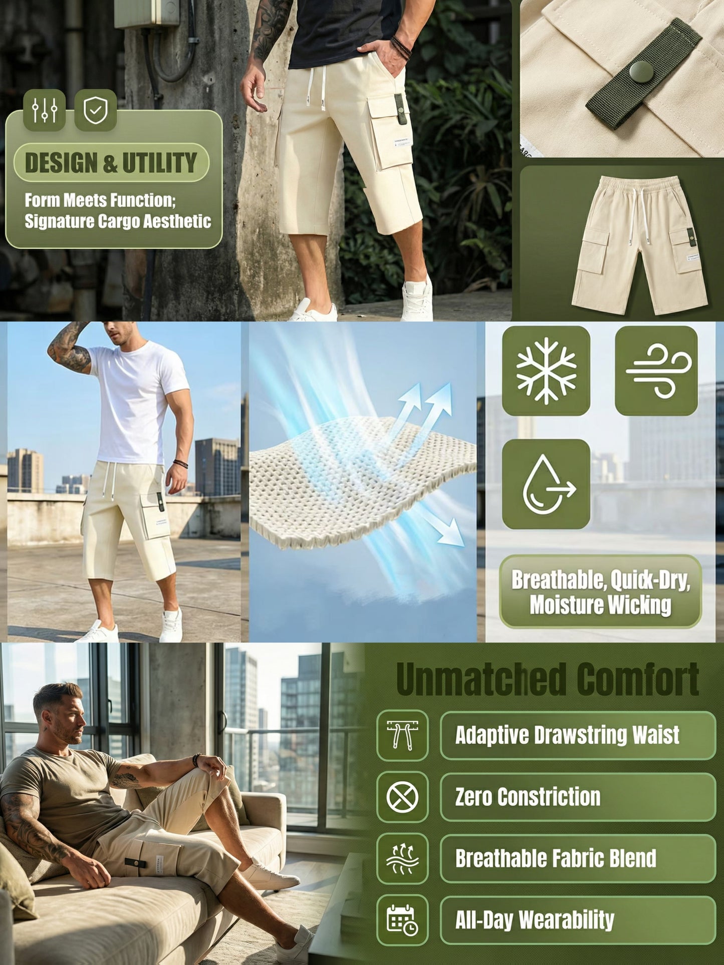 4pcs Men's Cargo Shorts with Ripstop Fabric & Multi-Pocket Design - Adjustable Waist, 7/8 Length Shorts Suitable for Outdoor Travel,, Sports, Casual Wear | Wristband Included | Machine Washable | Available in Black, Gray, Khaki, Army Green