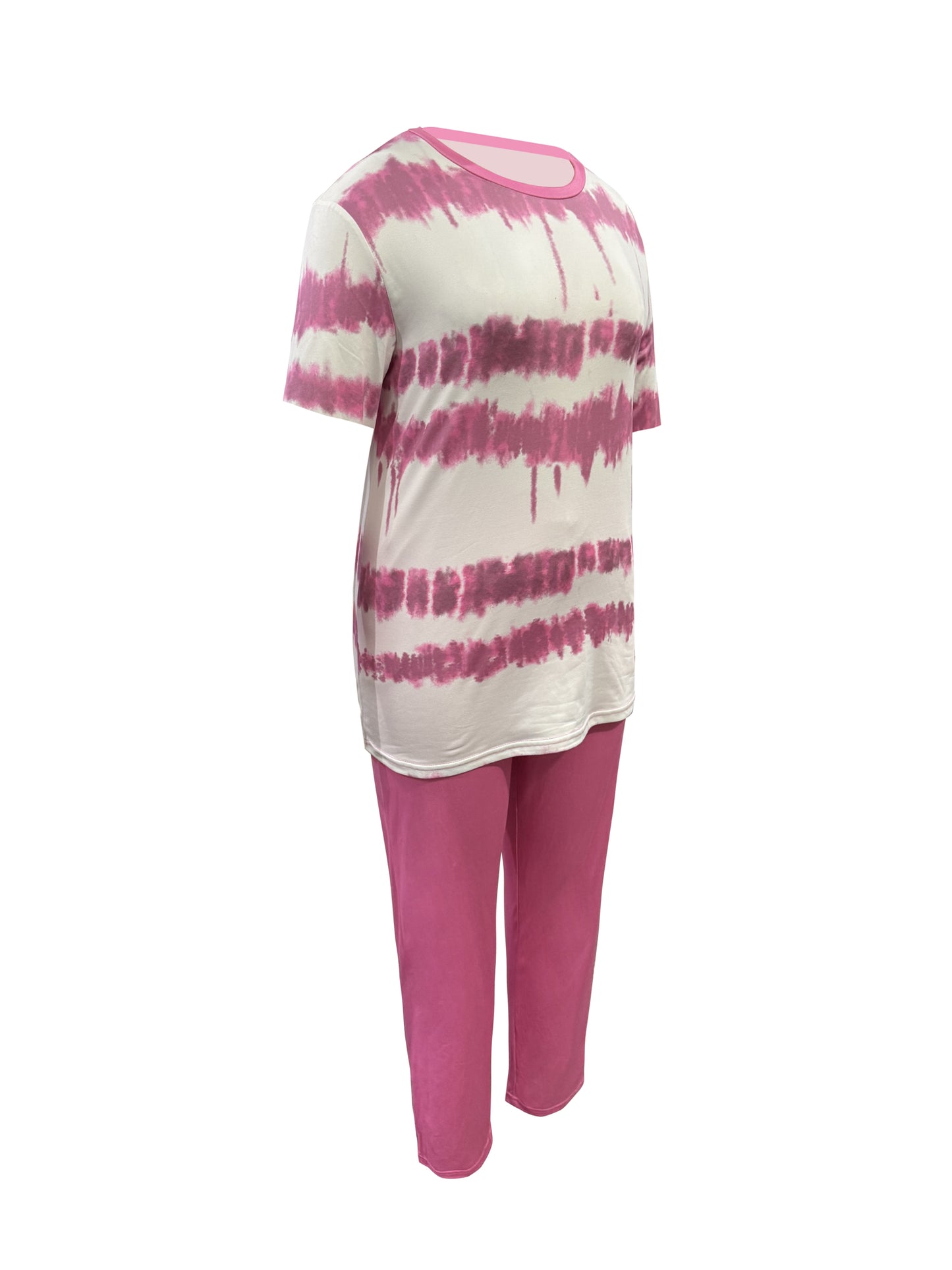 Plus Size, Ladies Plus Size Daily Fashion And Leisure Suit, Horizontal Wavy Striped Printed T-shirt with Short Sleeves And Pocket Trousers, Ladies Elegant Suit.