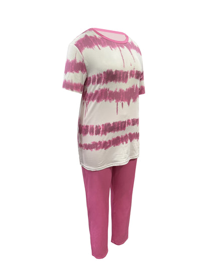 Plus Size, Ladies Plus Size Daily Fashion And Leisure Suit, Horizontal Wavy Striped Printed T-shirt with Short Sleeves And Pocket Trousers, Ladies Elegant Suit.