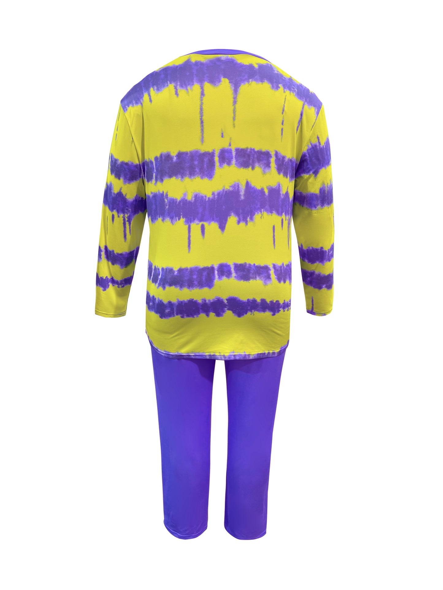 Plus Size - Plus-size Fashion Tie-dye Striped Print Long-sleeved Trousers Suit, Suitable For Going Out