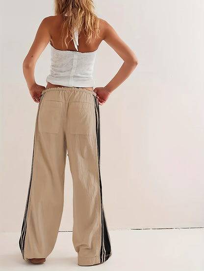 Women's Wide Leg Pants Drawstring High Rise Side Striped Slouchy Palazzo Pants with Pockets