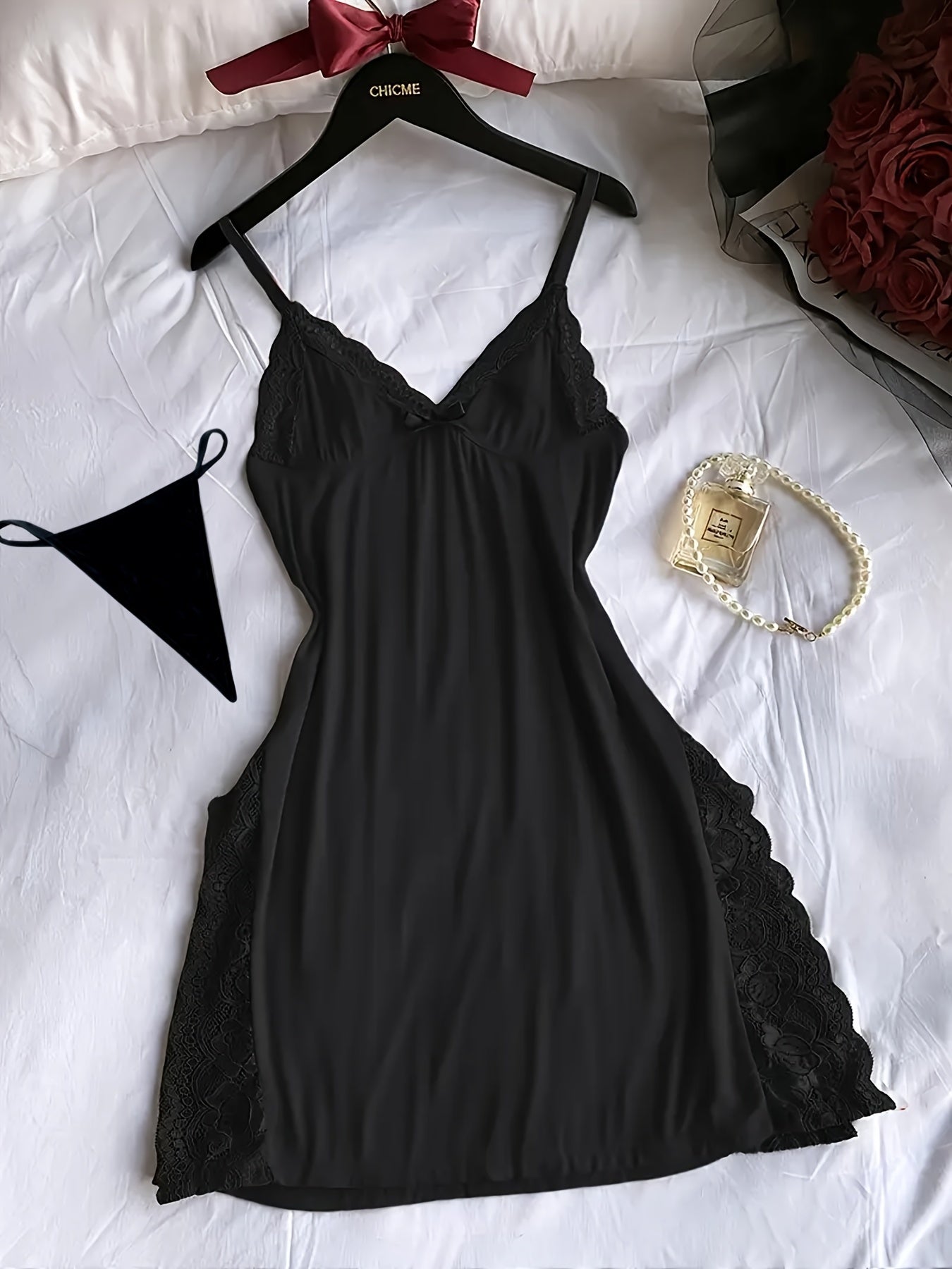 [Lace Nightdress 3pcs] 3pcs Of Women's Solid Lace Nightdress, Lace Panels, Skirt Side Slits, Sexy Lace Home Nightdress