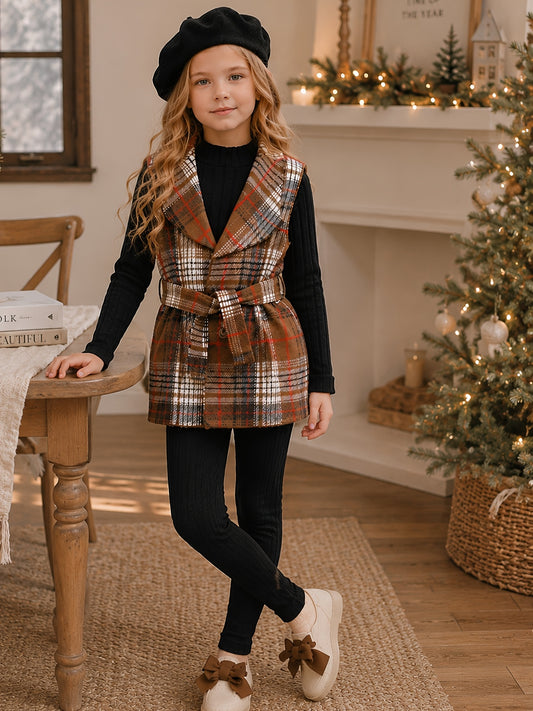 4pcs Girls' Autumn/Winter Set: Black Ribbed High-Neck Long-Sleeve Top, Black Pants, Brown Plaid Jacket with Belt - Elegant and Stylish Outfit, Perfect for Outdoor