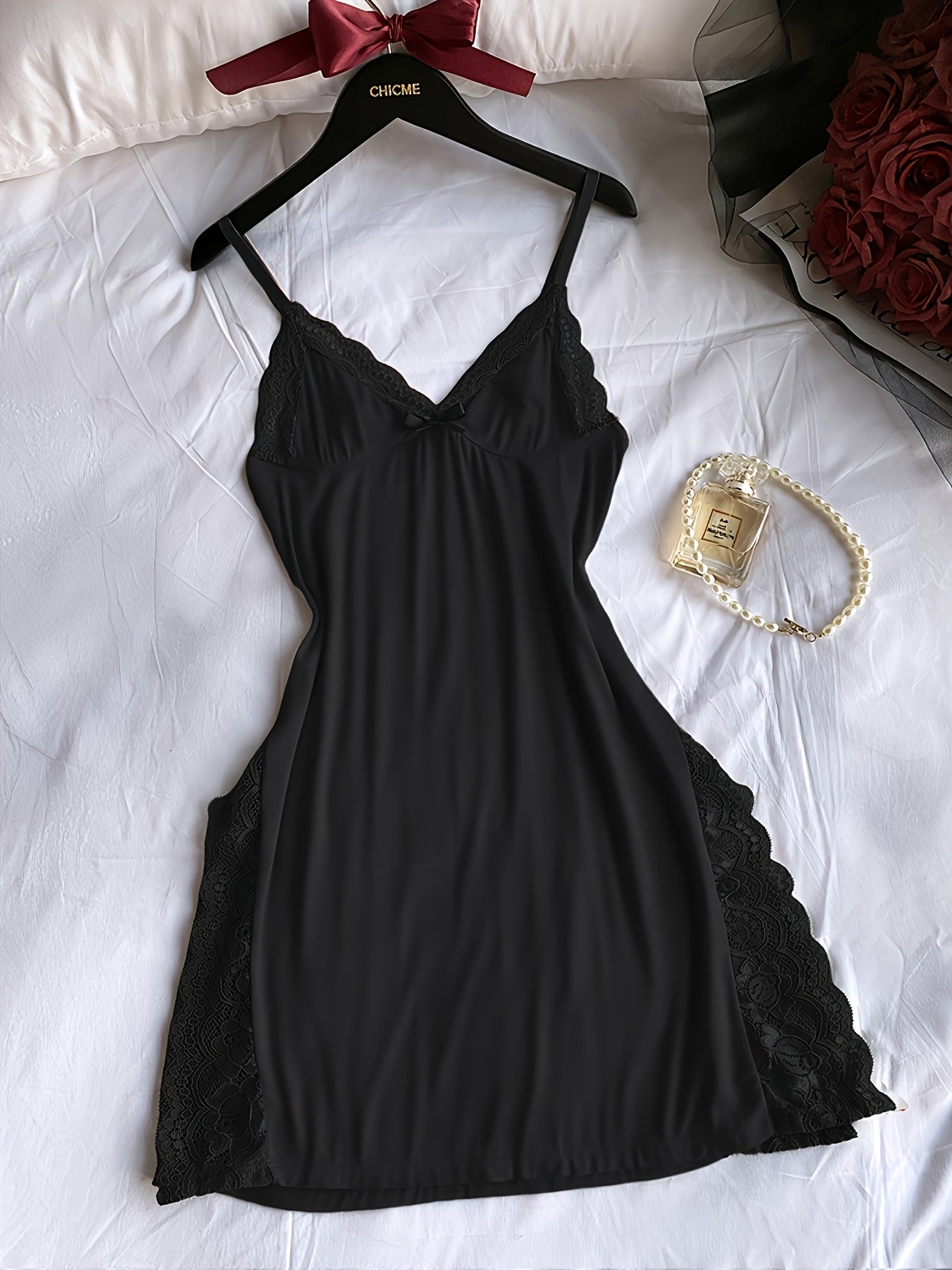 3pcs Set Of Women's Solid Color Lace Sleepwear, Lace Panel, Skirt Side Slit, Sexy Lace Home Sleepwear (including 3 Pairs Of Panties)