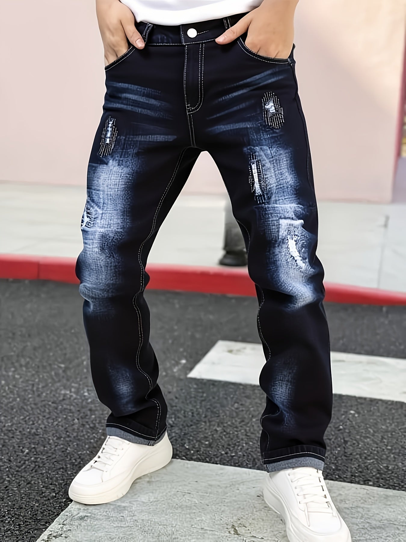 [HME] Autumn New Men'S Jeans, Mid-Waist Stretch Slim Straight Leg, Retro Trendy Brand Perforated Design, Heavy Washed Blue Natural Whitening Effect, Classic Five-Pocket Style, YKK Zipper, Essential Denim Long Pants for Men'S Fashionable Outfits