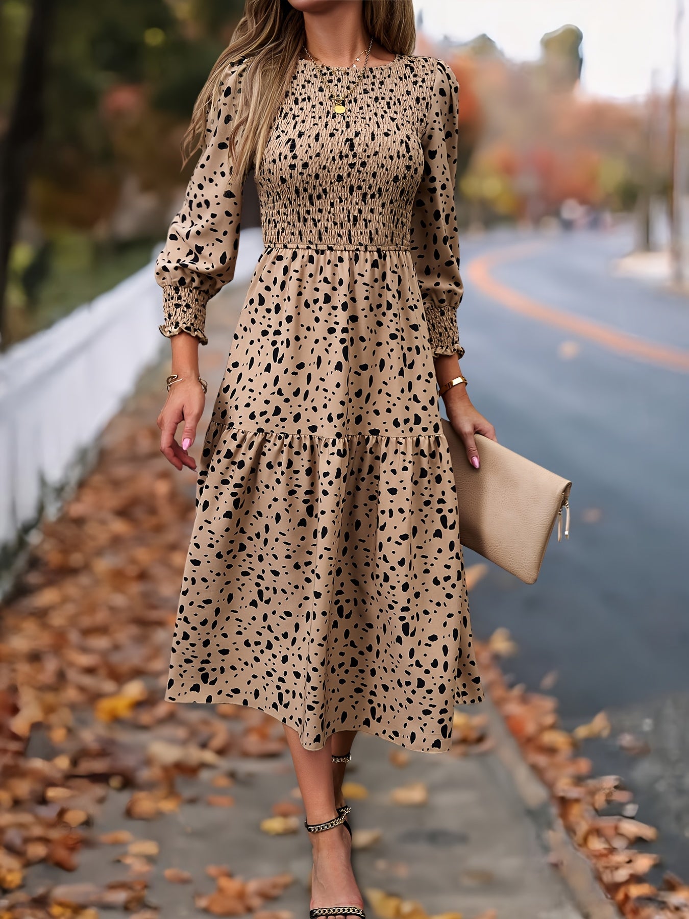 ZAFUL Spring Women's Clothing, Elegant Dress for Ladies with Long Sleeves and Round Neck Leopard Print, Commuting Elegant Dress, Women's Long Skirt