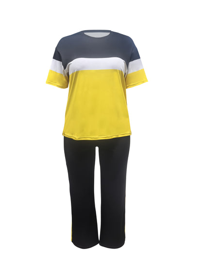 Women'S Plus Size Casual Color Block 2pcs Set - Elegant Crew Neck Short Sleeve Top & Straight Leg Pants, 95% Polyester 5% Elastane, Medium Stretch Knit Fabric, Machine Washable