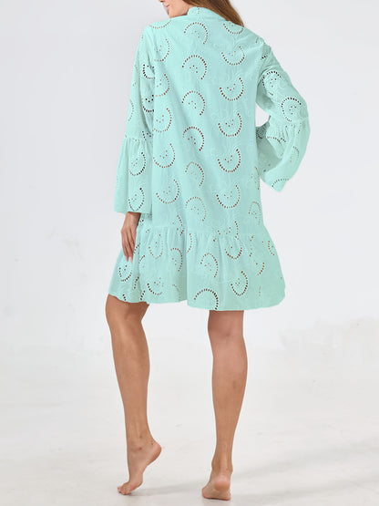 Elegant Mint Green V-Neck Shirt Dress with Bell Sleeves and Lace Cut-Out Detail - Chic Long Casual Dress for Women, Ideal for Home Gatherings and Parties, Casual Party Dress|Bell Sleeve Dress|Machine Washable Dress, Cute Dresses
