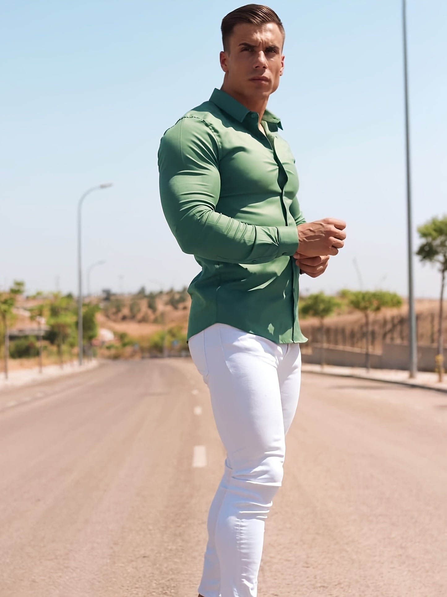 URRU Men's Muscle Fit Slim Stretch Dress Shirt - 4-Way Stretch Fabric (65% Rayon/25% Nylon/10% Spandex), Square Collar, Long Sleeve Button- Casual Shirt for All-Season Wear, Machine Washable Solid Color, Versatile Menswear, Classic Collar Design