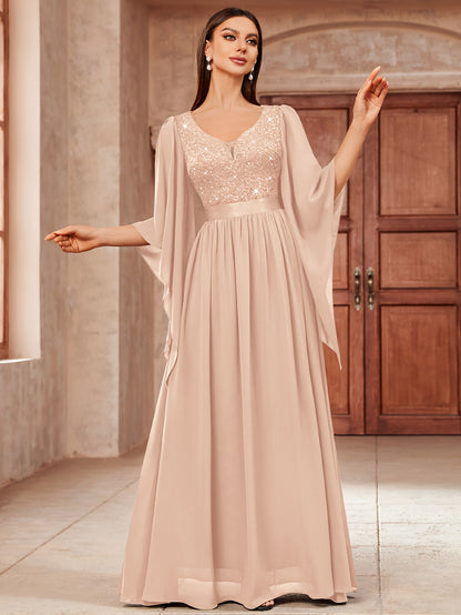 53303 Elegant Women's Lace & Sequin Bridesmaid Dress - A-Line Maxi Wedding Gown with 3/4 Bell Sleeves, V-Neck Color-Block (Bodice &), Machine Washable Bridesmaids Gown for Weddings, Parties, Prom