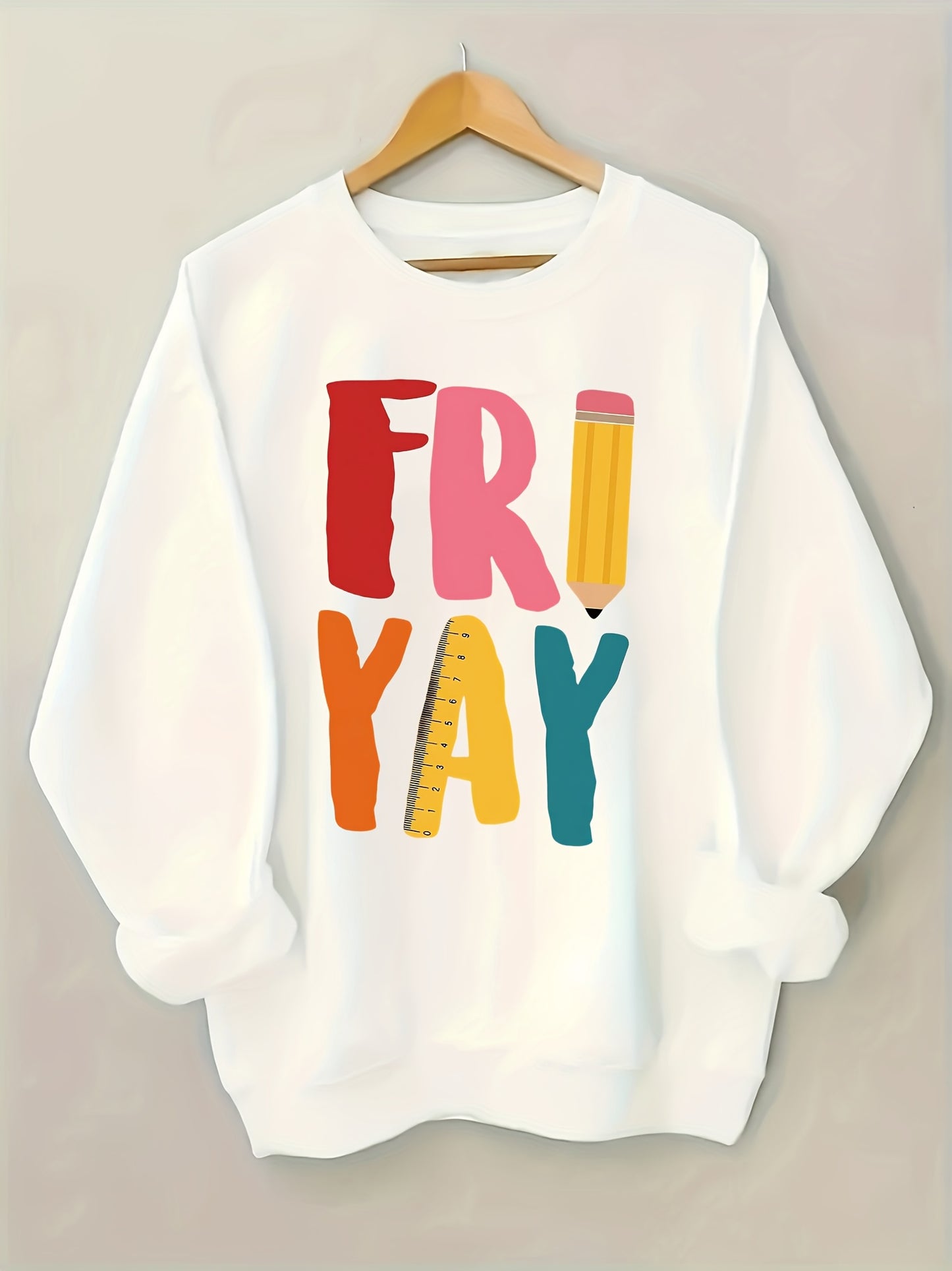 FRIYAY with Supply Themed Letters, Expressing Joy for Friday Pattern Print Women's Sweatshirt, Comfortable All Seasons, Machine Washable
