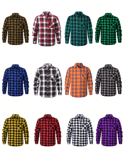 3pcs Plus Size Men's Casual Flannel Button- Shirts - Classic Buffalo Check Pattern, Relaxed Fit with Chest Pockets, Machine Washable, All-Season Comfort for Daily Wear (Black/Green/Orange-Black), Flannel, Long Sleeve Button Casual Shirt, Versatile Wardrob