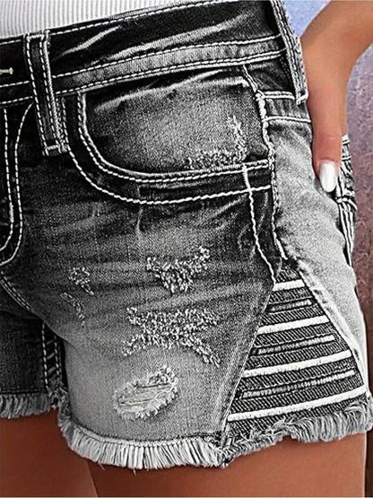 [HME] New Arrival Women's Fashion Ripped Black Denim Shorts. Mid-rise Design Enhances The Waistline, Frayed Hem Shows Charming Leg Lines, Women's Denim Shorts.