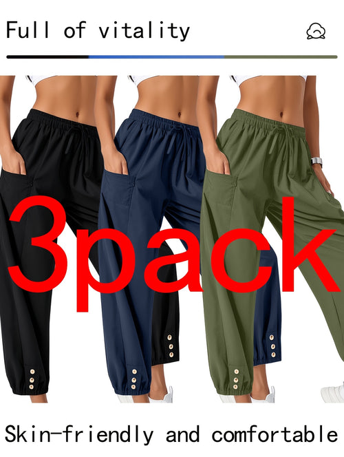 The 2026 New 3pcs Loose High-waisted Button- Pants, 9-inch Pants, Wide-leg Pants, Unisex Style With Pockets, Convenient For Going Out. Casual Trousers, With A Loose-fitting Waist
