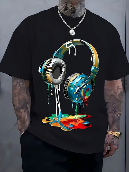 Men'S Streetwear Graphic T-Shirt | Vibrant Headphones and Paint Splatter Print, Breathable Fabric, Loose Casual Summer T-Shirt, Machine Washable, Casual Wear