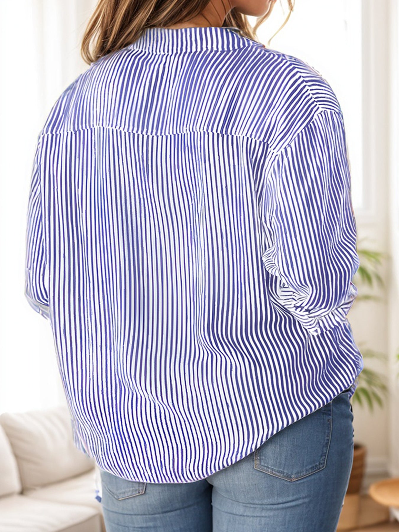 Tooluck Women's Lapel Multi-Color Striped Pocket Office Work Long Sleeve Shirt
