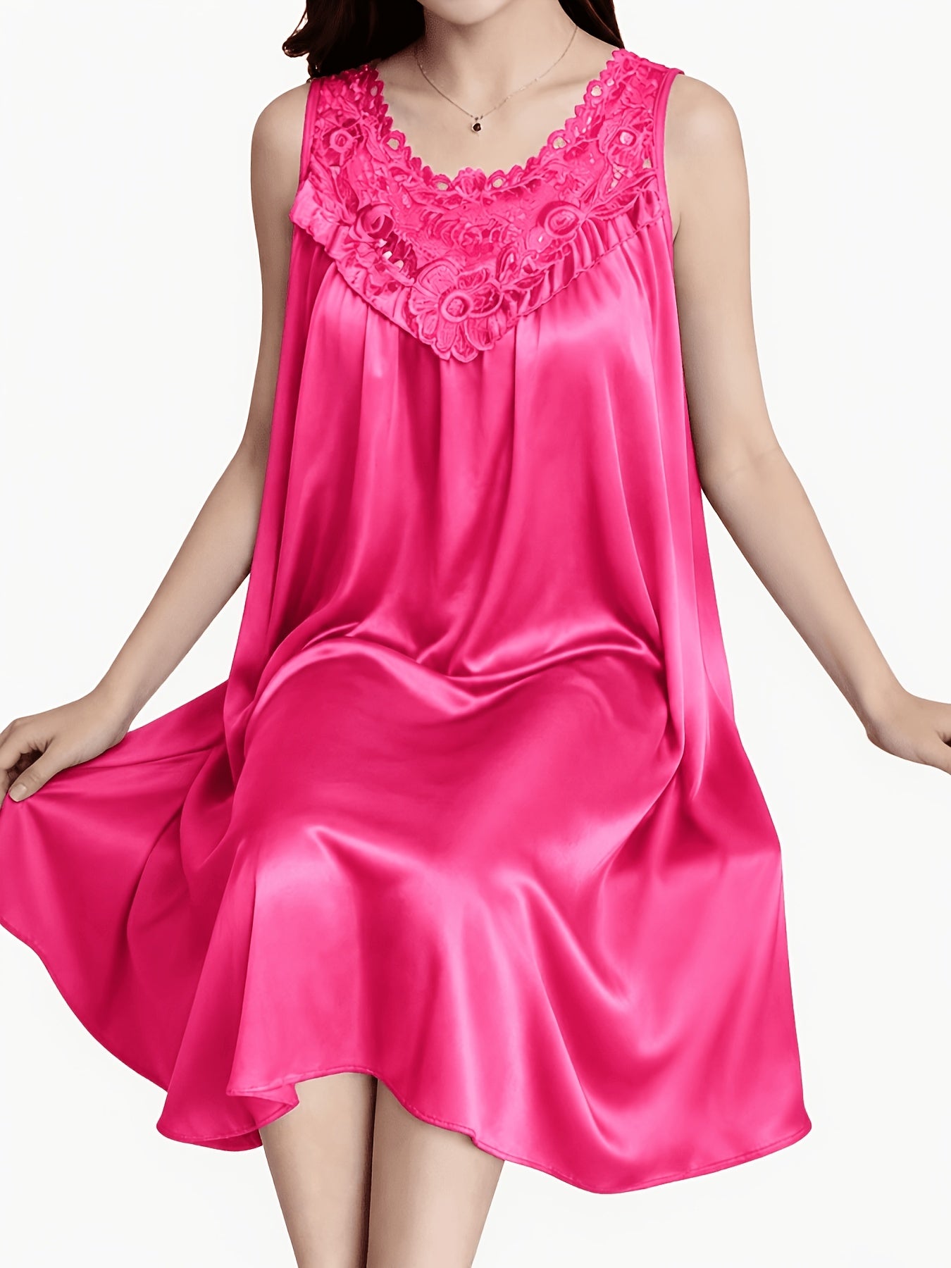 2pcs of Women'S Elegant Lace Pajamas - Smooth Satin Fabric, Purple And Blue, Sleeveless Round Neck Nightgown, Exquisite Floral Lace Details, Light And Comfortable in Summer