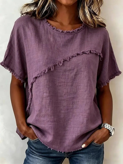 Spring/Summer 2026 New Round Neck Casual Fringed Panel Loose Short-Sleeved Top for Women