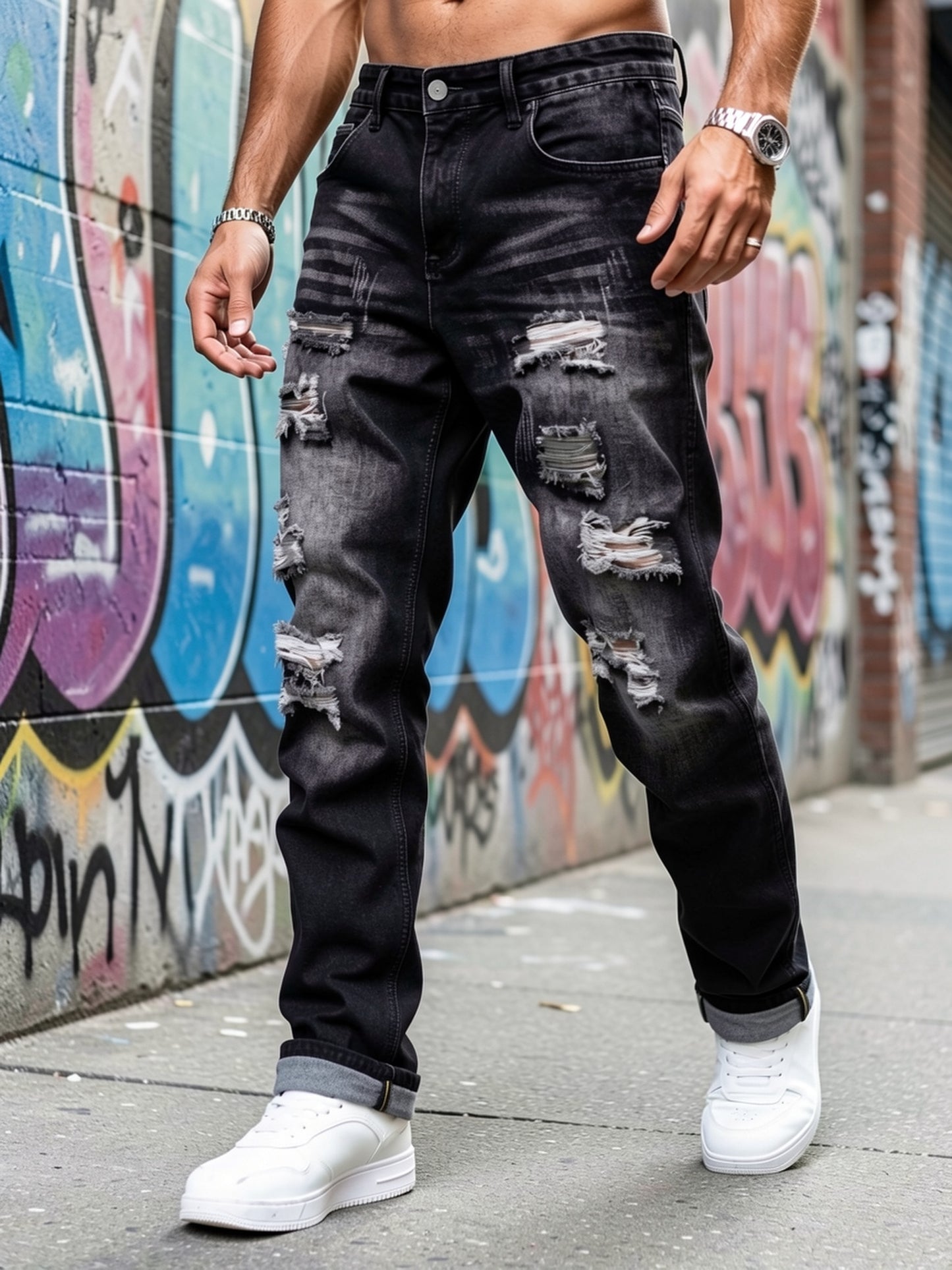 A Trendy Men's -style Distressed Skinny Jeans with Stretch