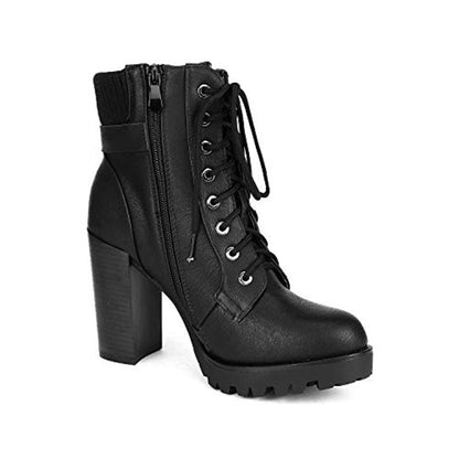 Women Short Boots Fall Winter Boots Women's Lace up Combat Ankle Boots High Chunky Heel Fashion Heeled Booties Shoes Black Boots