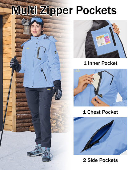 Winter Jacket for Women - Women's Ski Snowboard Jacket Thermal Fleece High Quality Insulated Snow Jacket Casual Work Jacket Outdoor Sports Coat Windbreaker Parka 4 Pockets Camping Snow Jacket Windproof Hood Warm Winter Hiking Fleece Lined Jacket