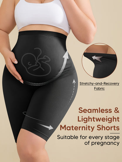 Beige High-Waisted Maternity Shorts Featuring Back Support, an Expandable Belly Panel, And a Built-In Band for Comfort During Pregnancy. They Are Breathable And Stretchy with a Ribbed Design, Perfect for Yoga And Casual Wear
