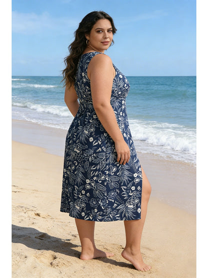 Women'S Large-Size Sleeveless Fitted Halter Dress with Tankini, Blue And White Floral Print Swimsuit, Enhances Figure, Beach Pool Vacation Swimsuit (With Underwear)