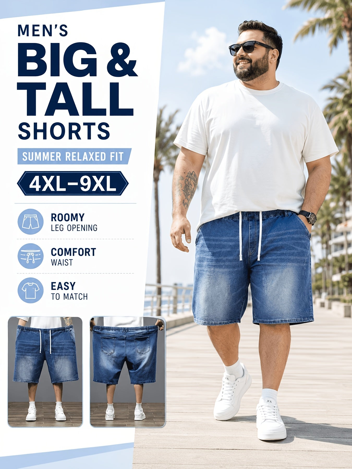 Mens Big And Tall Clothing Denim Shorts, Loose Fit Elastic Waist Casual Jean Shorts for Summer, PLUS SIZE
