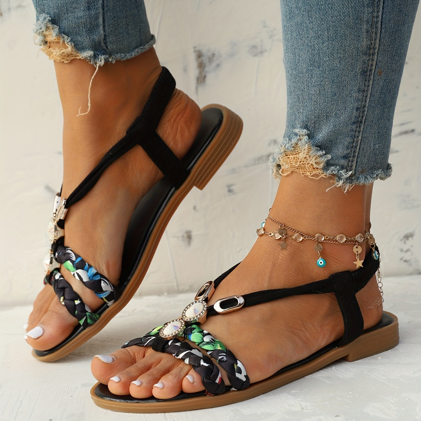 [Beach Vacation Shoes] Women's Flat Sandals Bohemian Floral Braided Straps Rhinestone Beaded Elastic Slingback Summer Beach Vacation Shoes Casual Walking Footwear For Ladies Teens Lightweight Comfortable Dressy Sandals Cruise Outfit Essential Daily Wear L