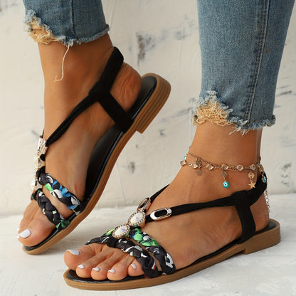 [Beach Vacation Shoes] Women's Flat Sandals Bohemian Floral Braided Straps Rhinestone Beaded Elastic Slingback Summer Beach Vacation Shoes Casual Walking Footwear For Ladies Teens Lightweight Comfortable Dressy Sandals Cruise Outfit Essential Daily Wear L