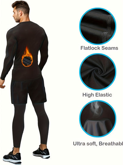 5pcs Men'S Thermal Round-Neck Shirt Set Long-Sleeve Compression Shirt Fleece-Lined Base Layer Sports Top Fitness Set, 2026, Valentine'S Day, Gifts