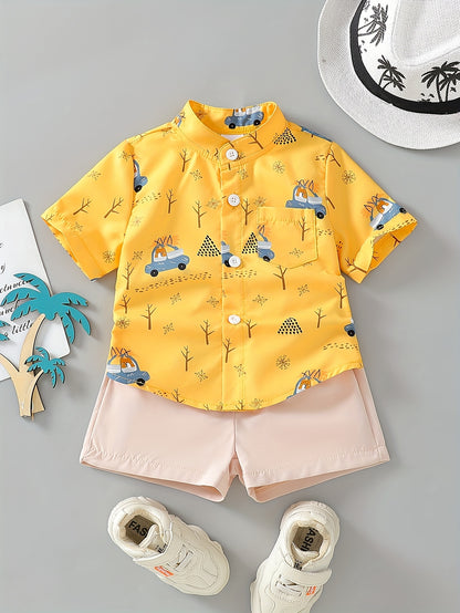 Summer Attire for Young Boys: A Two-Piece Beach Featuring a Button-Up Shirt with Cartoon Car Design And Plain Shorts, for Outdoor